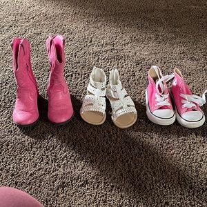 Size 6 toddler pink boots are madden girl, converse sneakers, and white sandals